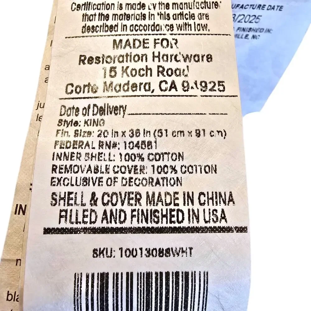 Restoration Hardware Bedding Essentials King All-Down Pillow Pair Firm Support